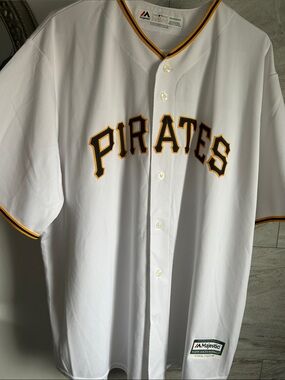 Majestic White Pittsburgh Pirates Button-Up Jersey with Black and Gold Trim